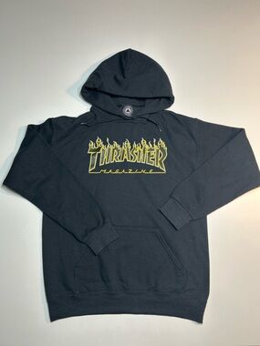 Thrasher Magazine Flame Logo Pullover Hoodie Black Yellow Skate Streetwear